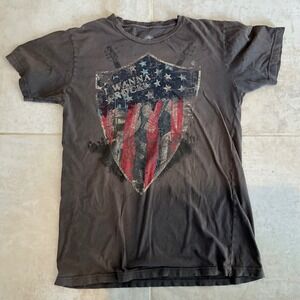 VTG Hybrid Mens M Graphic‎ T-shirt Thrashed Faded Torn Distressed Wanna Rock